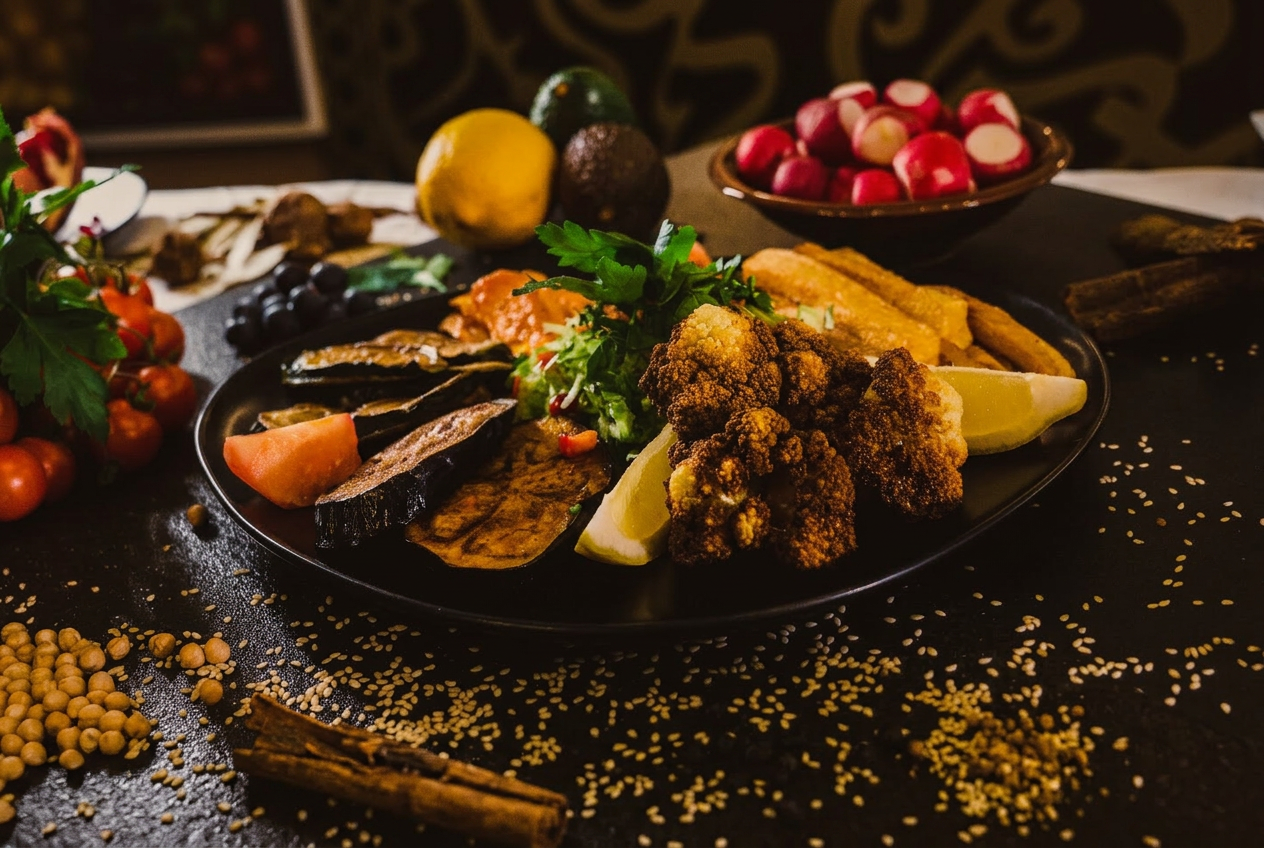 Mediterraner Grillteller mit Gemüse, Zitrone und knusprigem Blumenkohl