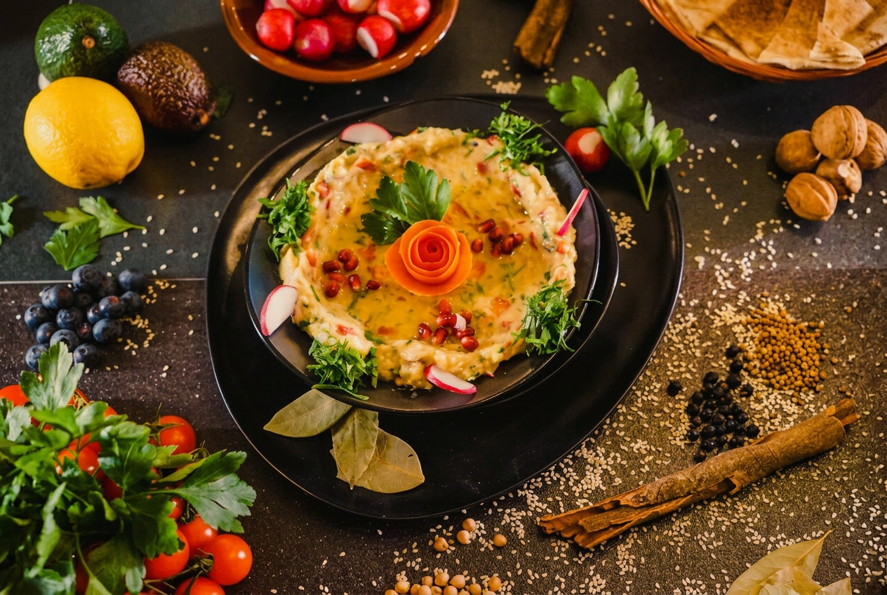 Cremiger Hummus mit Kräutern, Granatapfel und Olivenöl
