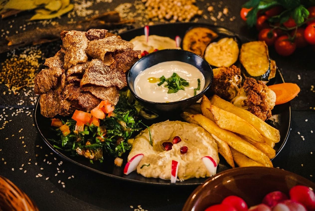Orientalischer Teller mit Fleisch, Hummus, Salat und Pommes