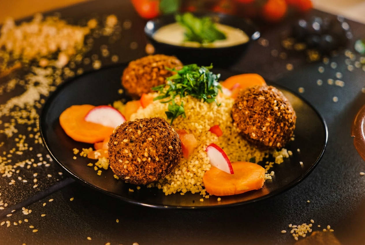 Falafel auf Couscous mit frischen Kräutern und Gemüse