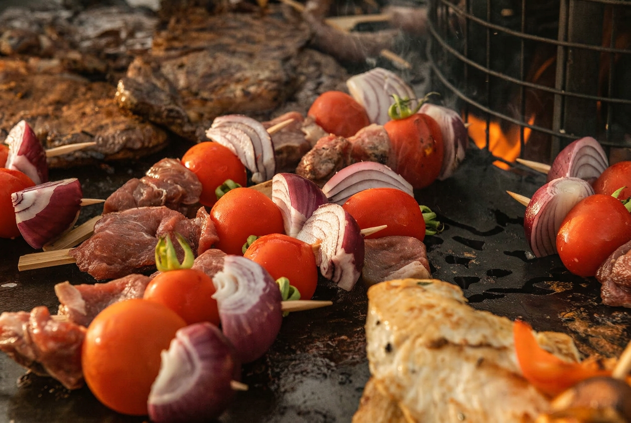 Bunte Fleisch- und Gemüsespieße mit Tomaten und roten Zwiebeln